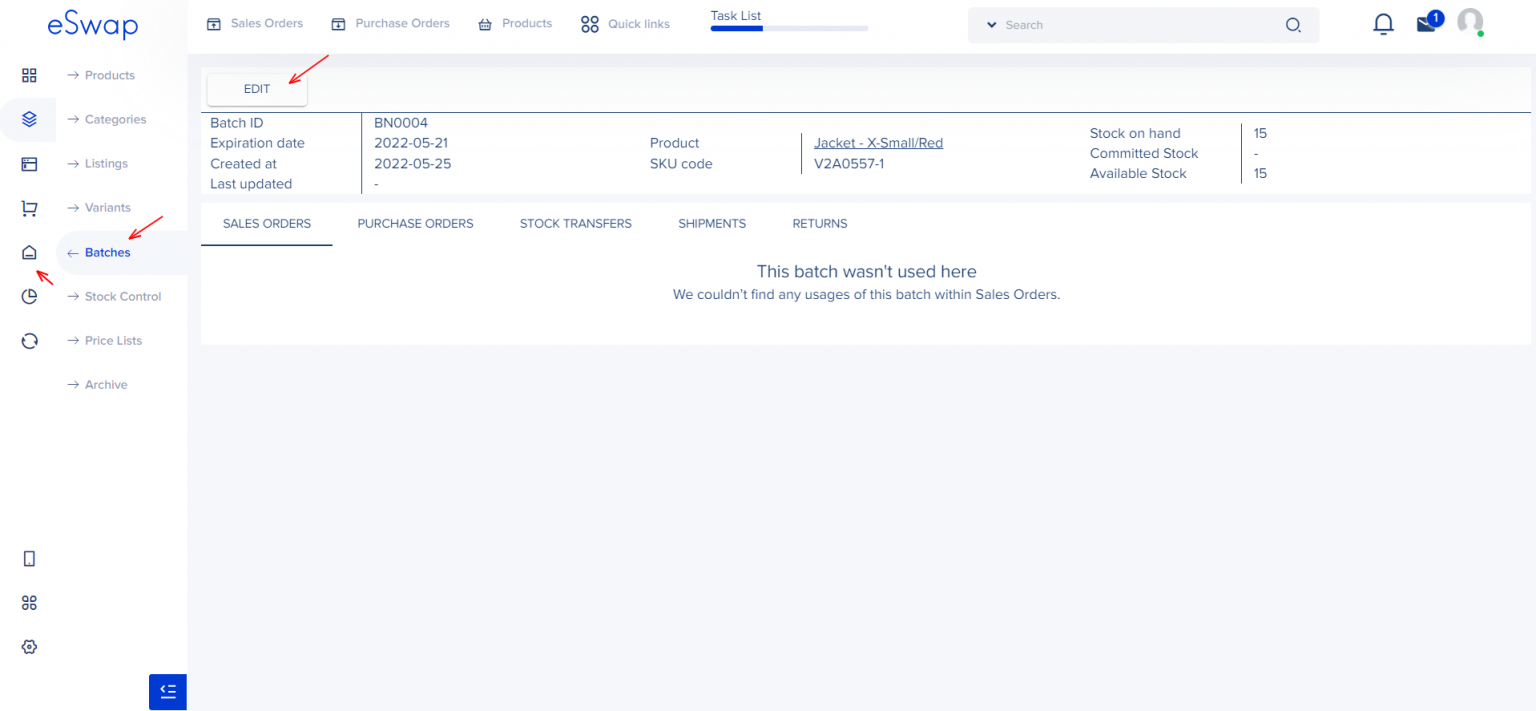 How to edit manufactured and expiration dates of batch eSwap