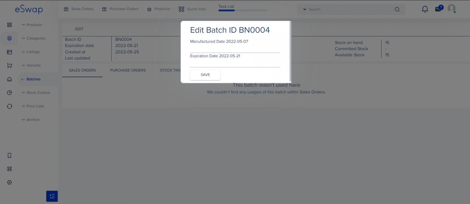 How to edit manufactured and expiration dates of batch eSwap