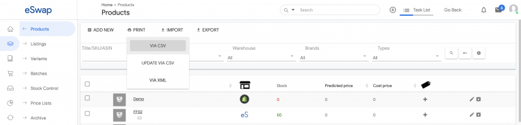 eswap import product via CSV