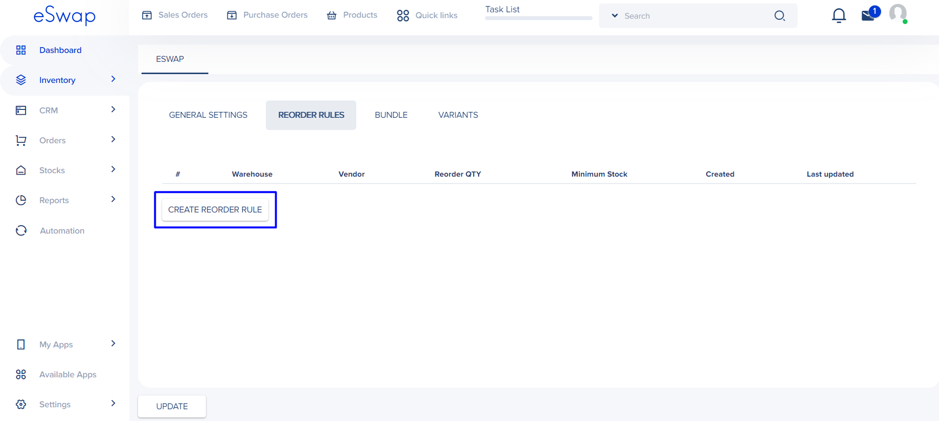 Create new reorder rule in eSwap