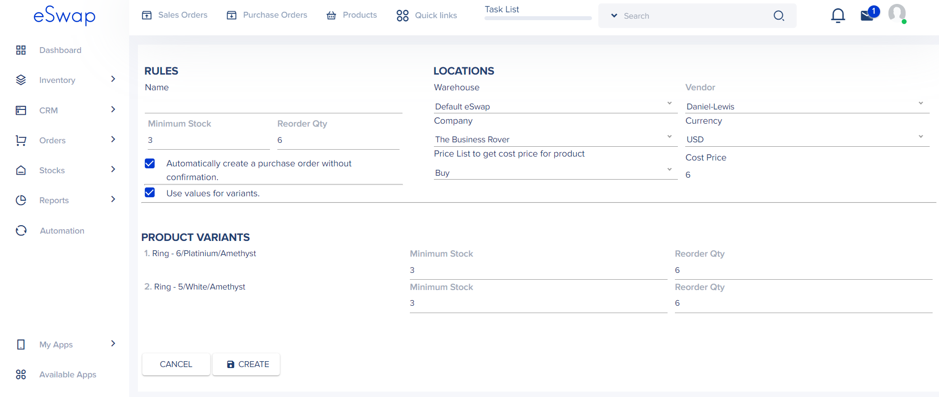 Reordering rules in eSwap